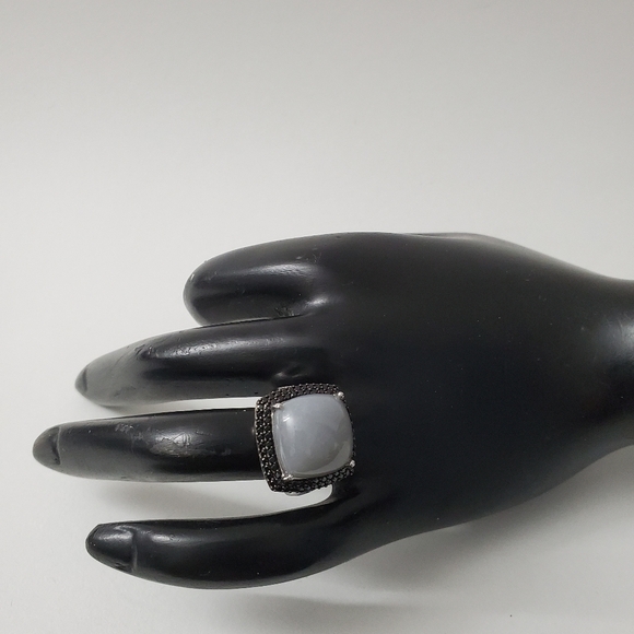 Sterling Silver 925 Solitaire Chalcedony Black Spinel Halo Ring - Picture 3 of 6